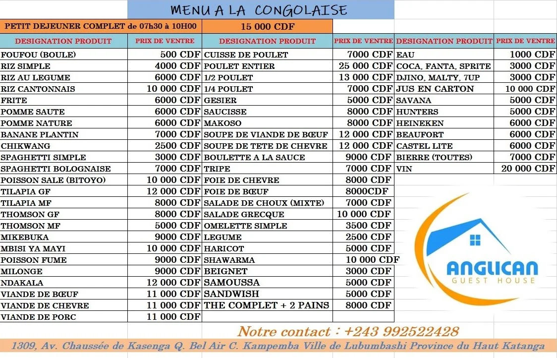 Menu à la congolaise du restaurant